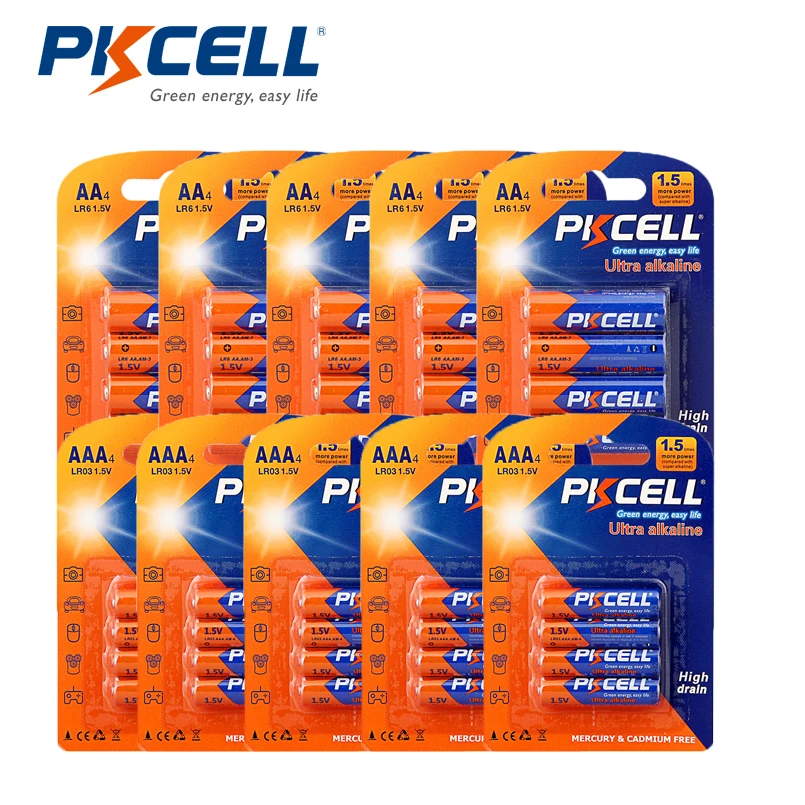 PKCELL 5PK LR03 20pcs AAA батарея + LR6 AA не перезаряжаемая сухая щелочная 1 5 V для часов