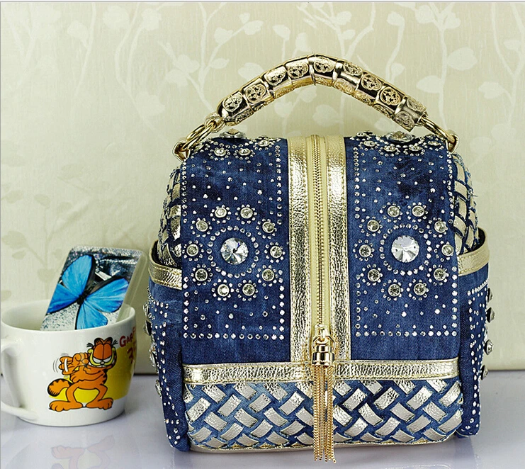 Spring and summer denim bag big diamond skull hand woven tassel handbag shoulder messenger | Багаж и сумки
