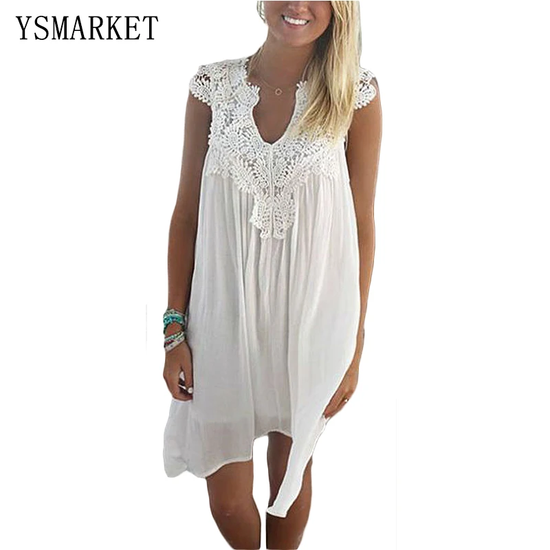 Summer Dress New women lace patchwork chiffon dress hollow out sleeveless loose beach tunic sexy solid female beachwear Q160505 |