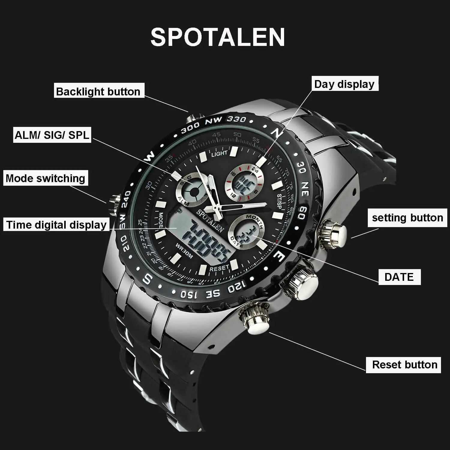 Спортивные кварцевые часы SPOTALEN, мужские военные водонепроницаемые часы, светодиодный цифровой двойной дисплей, мужские кварцевые часы, мужские часы