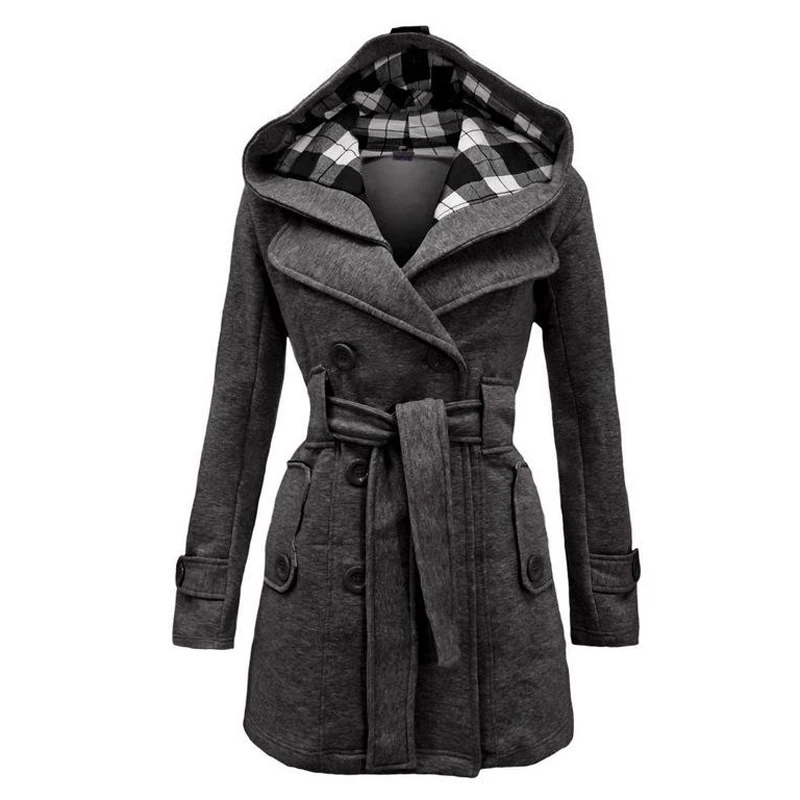 

Nice Winter Hooded Belt Double-Breasted Coat Blends Pockets Long Thick Coat Womens Casual Overcoat Outerwear Long Jacket 8L1447