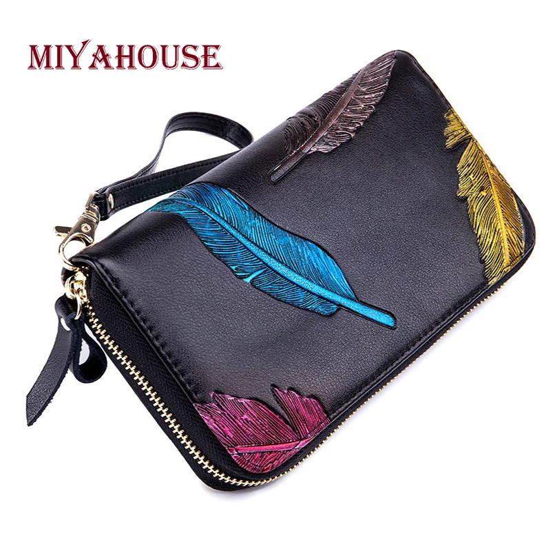 Miyahouse модные тисненые перья держатель для карт женские кошельки Высокая емкость кредитный держатель для карт кошелек женский сотовый телефон сумки