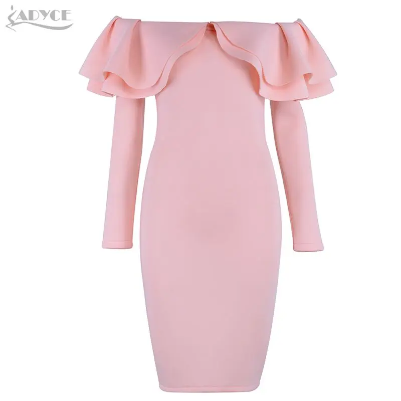 Adyce новые зимние элегантные Для женщин Bodycon знаменитости вечерние платье светло-голубого цвета с длинным рукавом с кружевным гофрированным воротником Клубное платье Vestido - Цвет: Light Pink