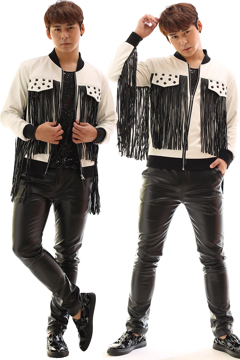 Мужские костюмы из искусственной кожи куртка с кисточками наряд Блейзер модное