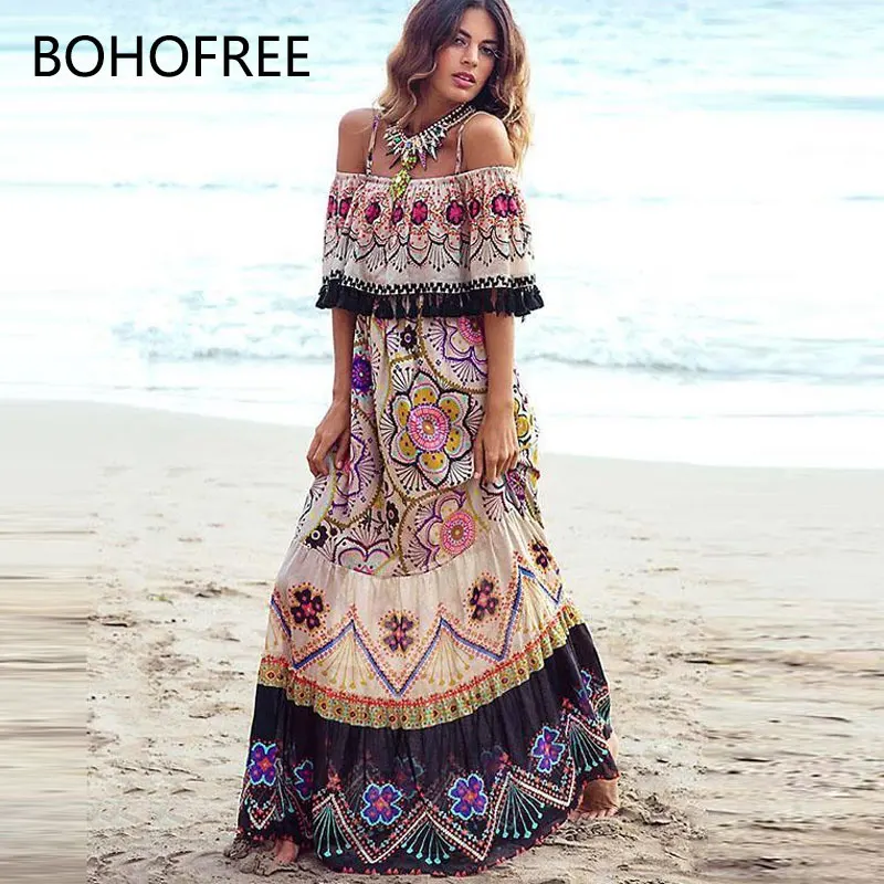 Женское пляжное платье BOHOFREE с цветочным принтом открытыми плечами в этническом