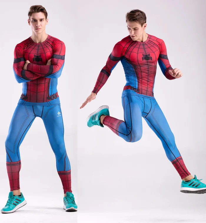 Мужские комплекты для фитнеса и бега с 3D принтом компрессионная рубашка длинным