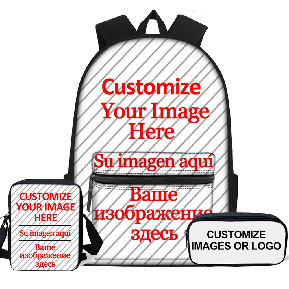 

Personalized Kids School Bags Set Custom Images Logo 3D Printing Large Backpack For Boys Girls Child Schoolbag Lunch Pencil Bag