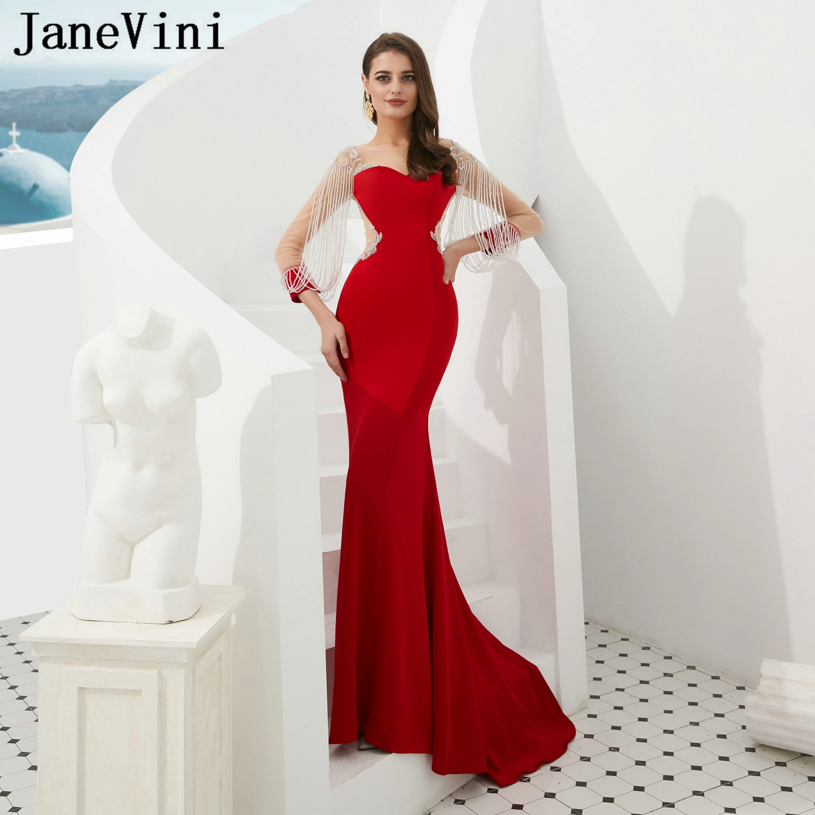 JaneVini/Роскошные красные вечерние платья с длинными рукавами украшенные бисером