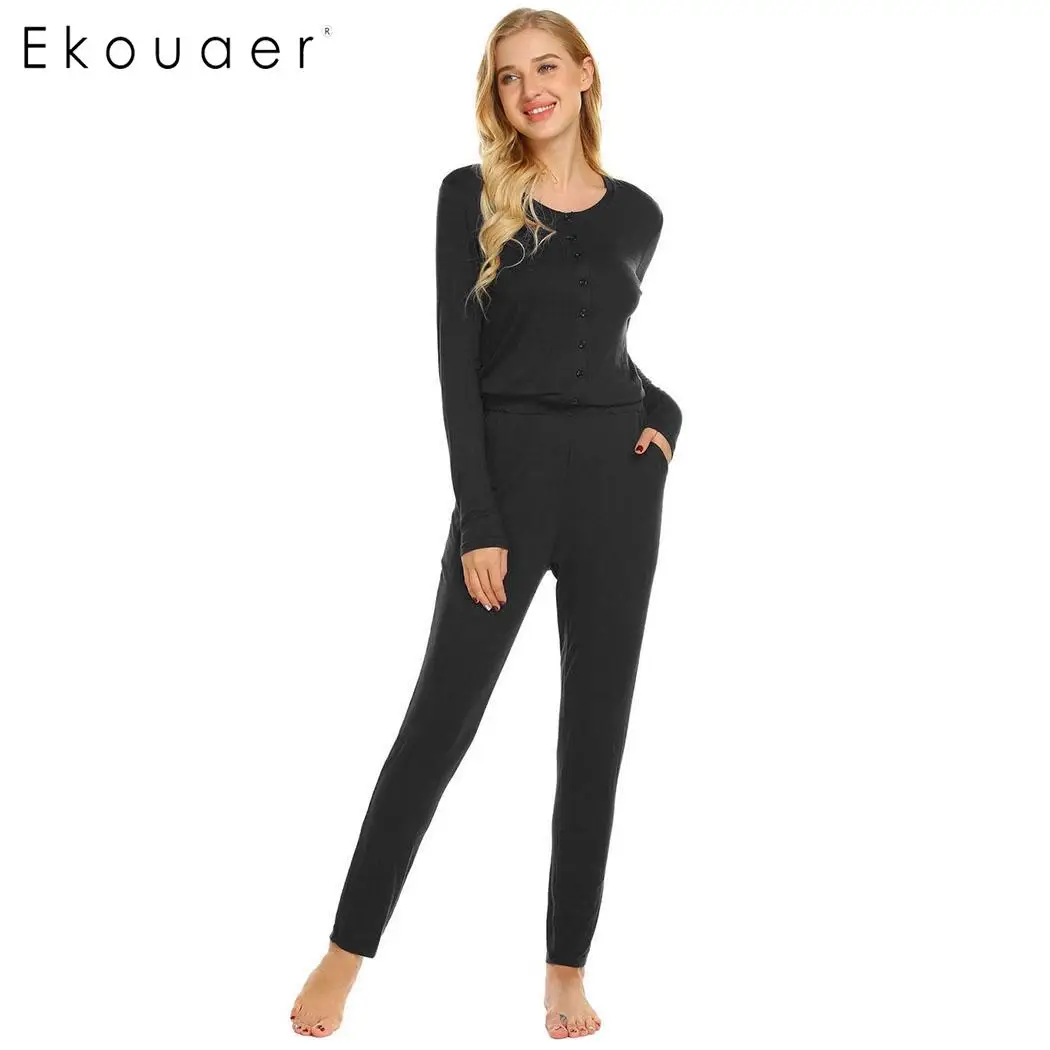 Ekouaer/женские комбинезоны для взрослых домашняя одежда с круглым вырезом и