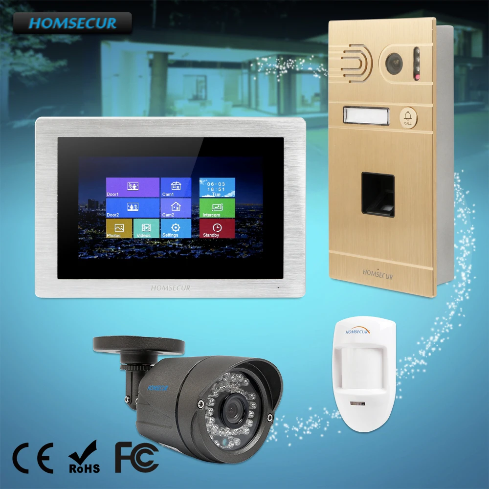 HOMSECUR 7 &quotПроводной Сенсорный Экран Видеодомофон Безопасности с 800TVL Отпечатками