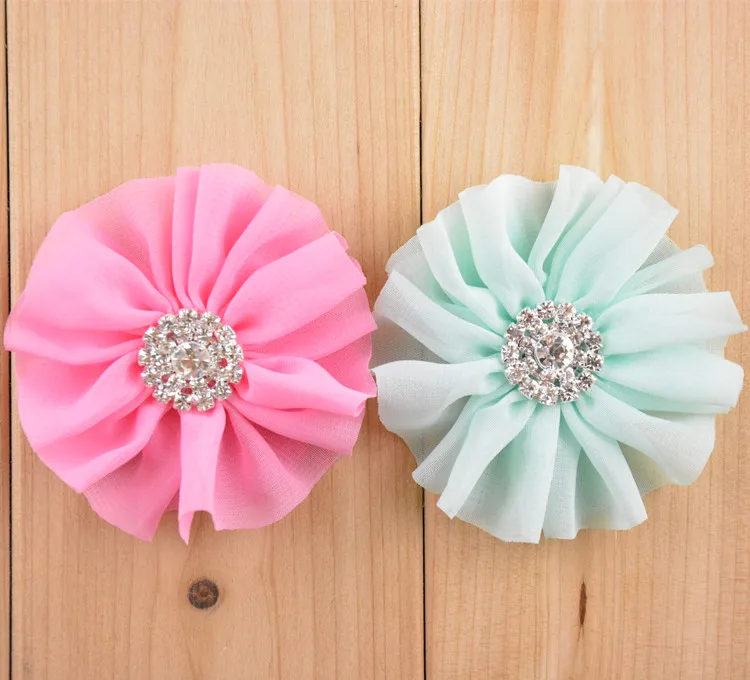 60 шт./лот новинка цветы для волос девочек Шифоновый Цветок с алмазным центром