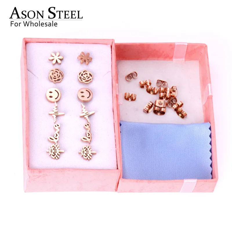 ASONSTEEL Small Earrings Trendy Jewelry Rose Gold Color Flower Tree Smile Letter 6pairs/Box Stainless Steel Earrings Sets Party