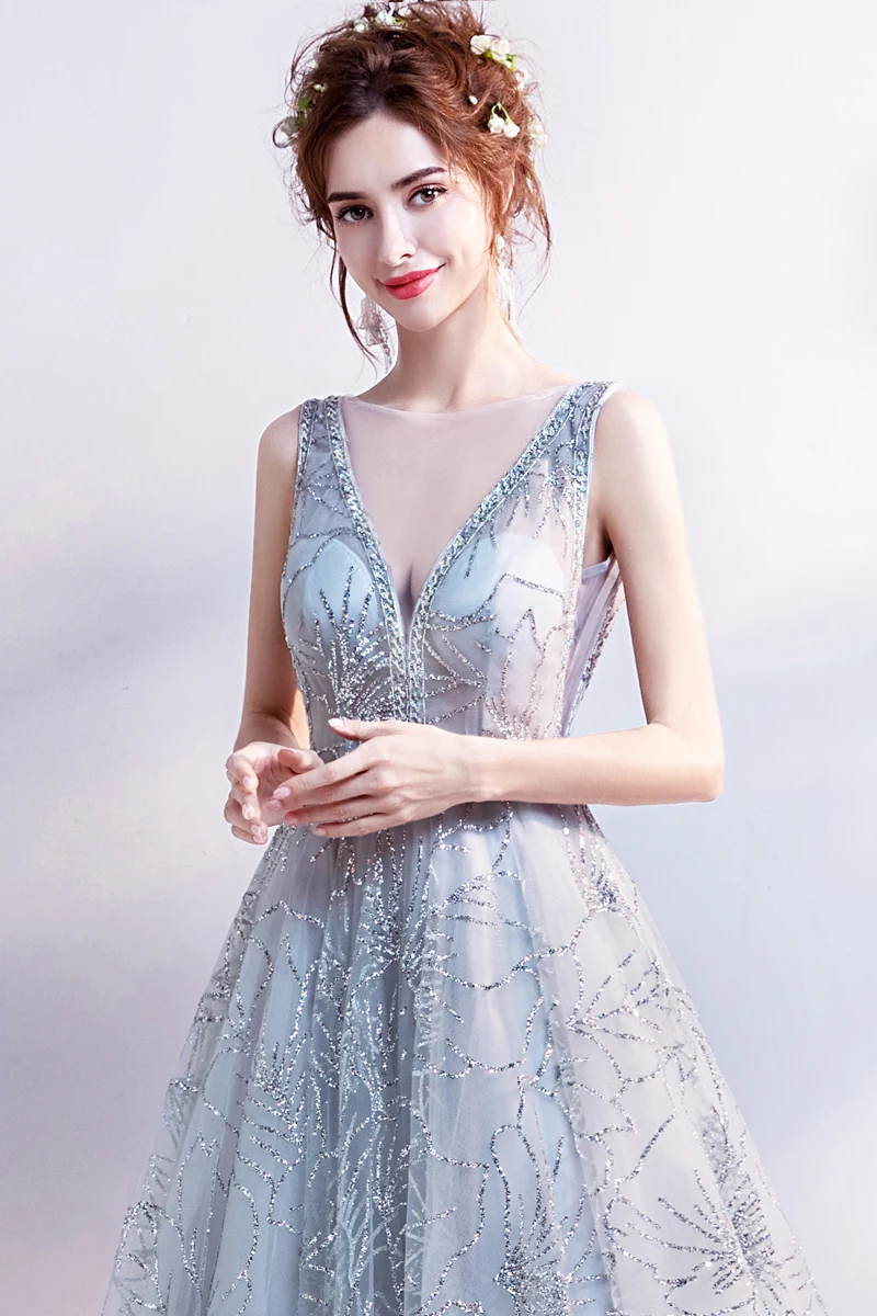 Vestido de festa A Line вечерние платья длинное сексуальное глубокое круглое декольте тюль