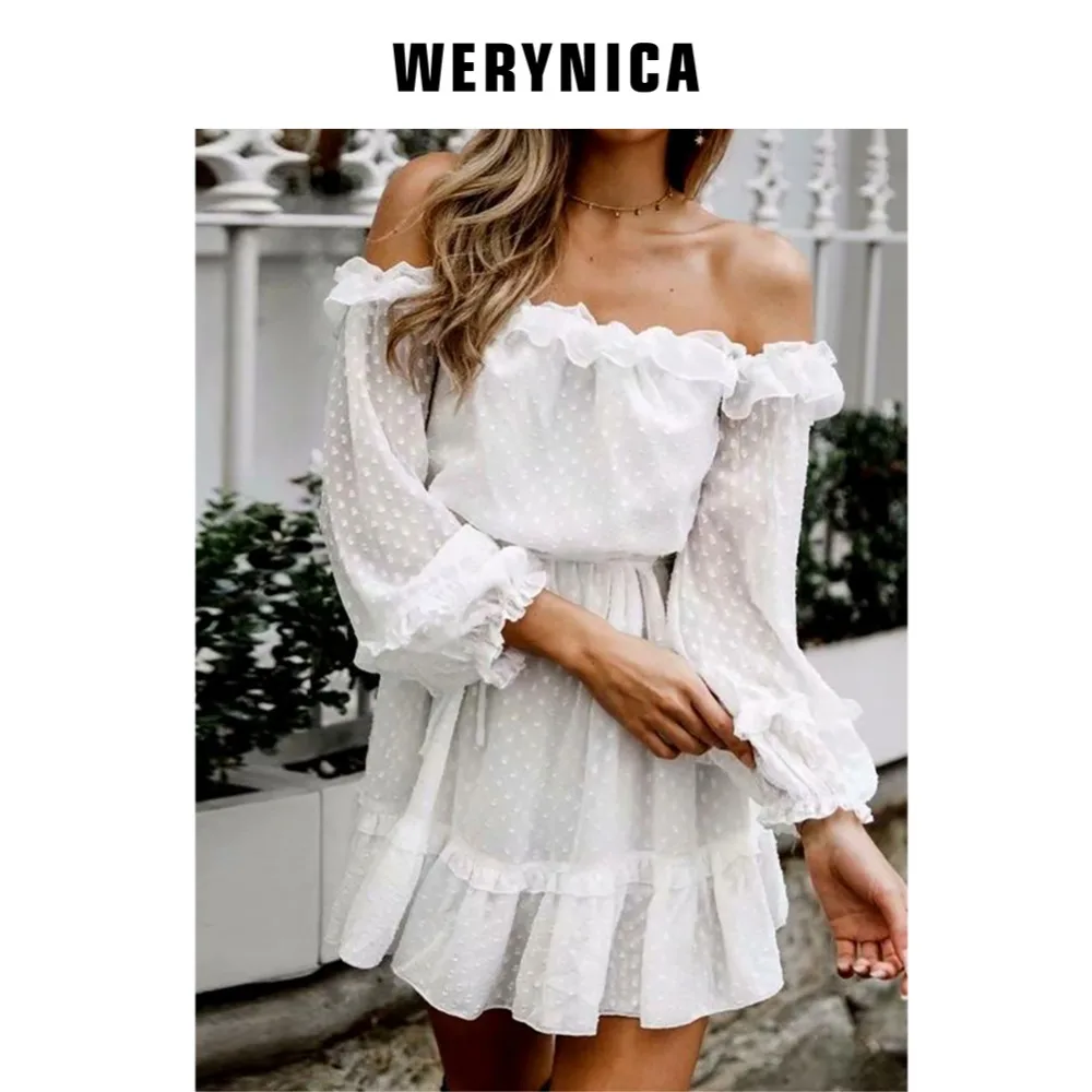 Женский пляжный мини-платье Werynica белое платье в горошек с гофрированными