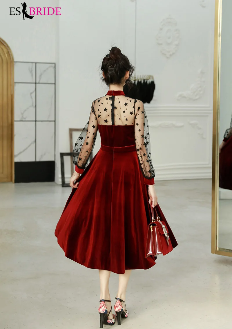 Small Demon Red Evening Dresses Sexy Tulle Long Sleeve Backless Evening Gown Black Star Evening Dress for Women Elegant ES1302