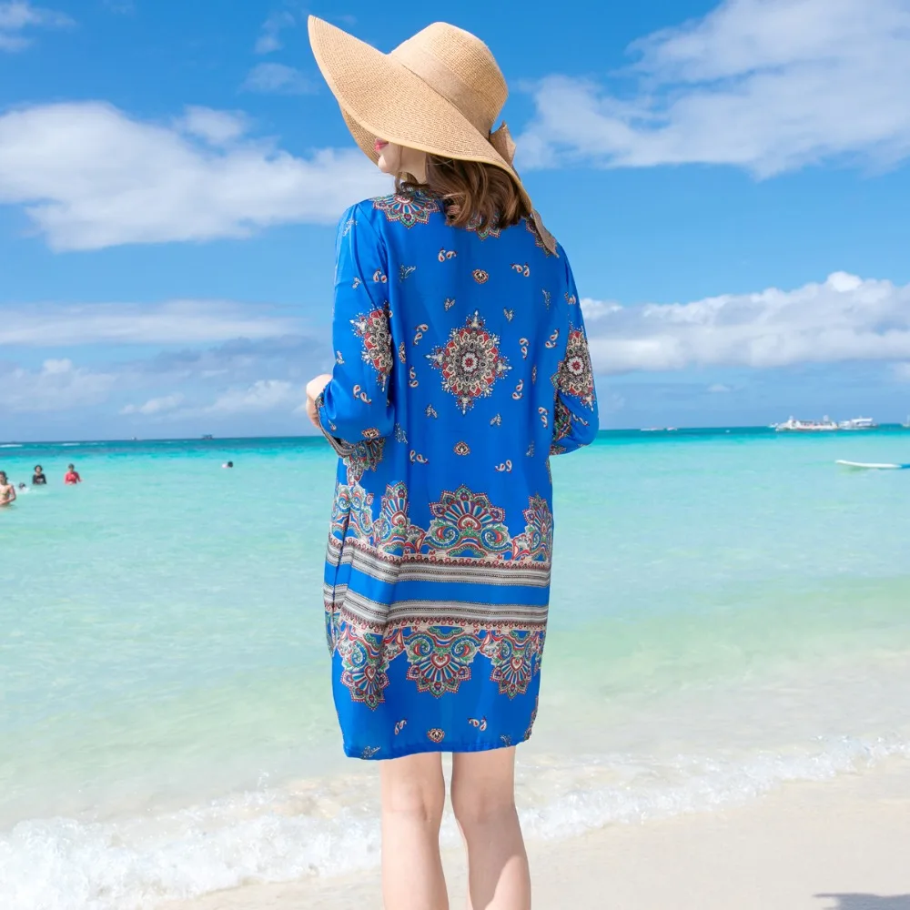 Летние Пляжные наряды для Для женщин v образным вырезом Бохо Синий Повседневные