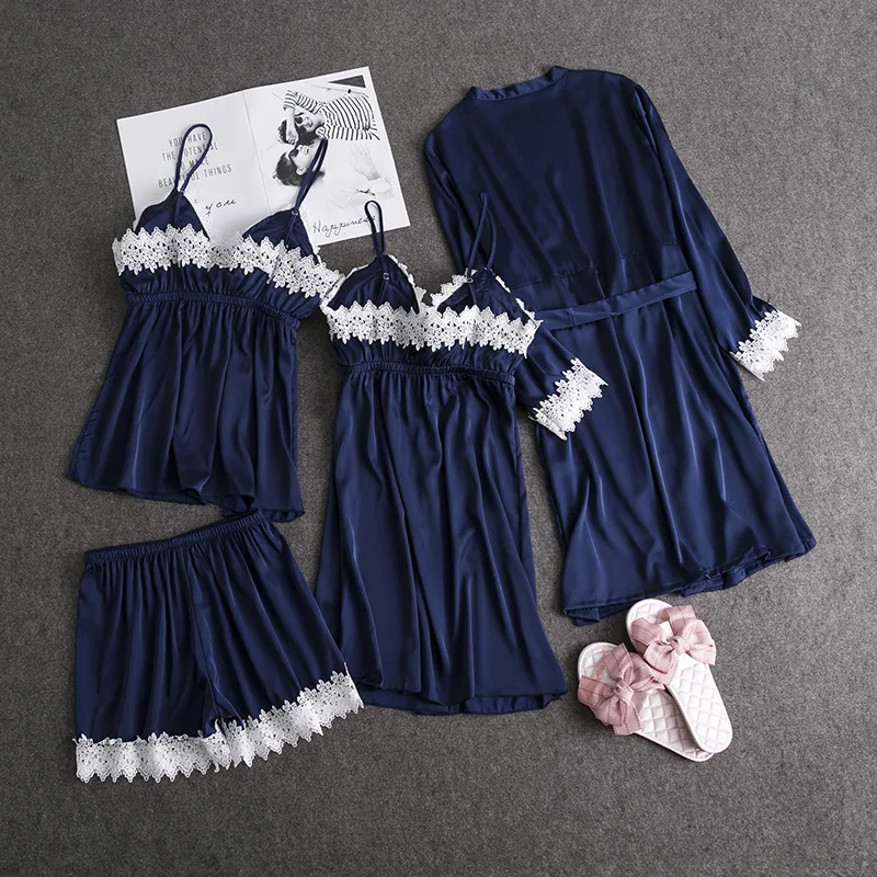 Женские пижамы однотонные 4 шт. искусственный шелк пижамный комплект атласные с