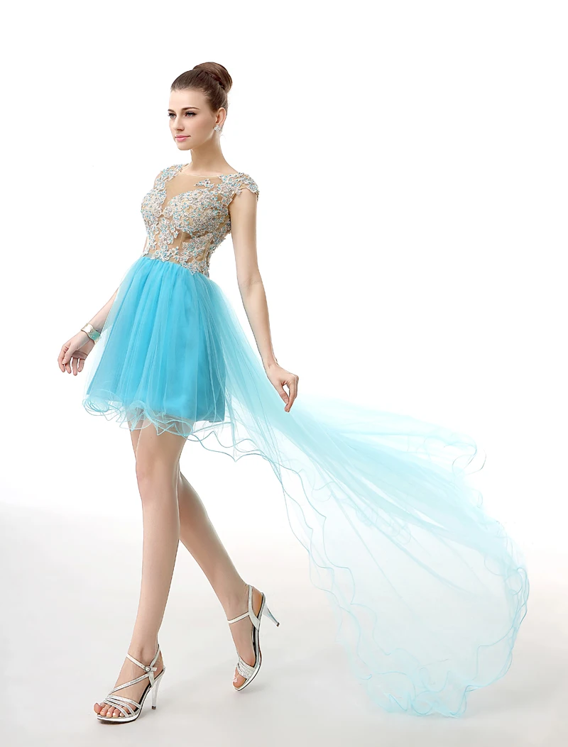 Коктейльные платья на выпускной с короткой передней и длинной спинкой небесно