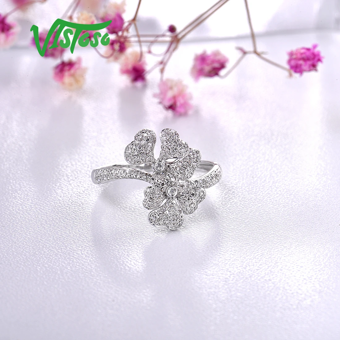 VISTOSO 14K585 кольца из белого золота для леди подлинное кольцо с цветком сверкающие бриллианты обещание на помолвку Кольца Юбилей ювелирные изделия