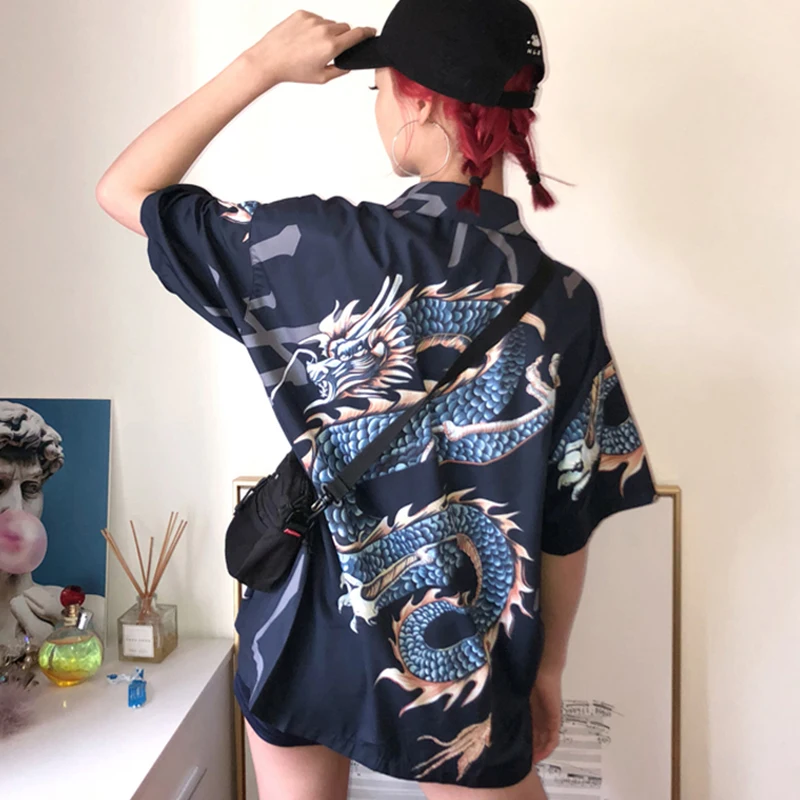 Cheerart harajuku блузка женская летняя рубашка дракон принт streetwear топ женский красная с