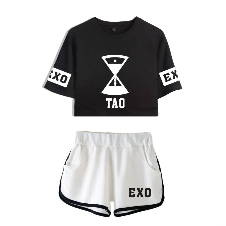 EXO 2018 Cool Casual Two Piece Set Women T shirt Kpop Fashion Print Suit Summer Sexy Cotton Crop Tops + Shorts Pants |