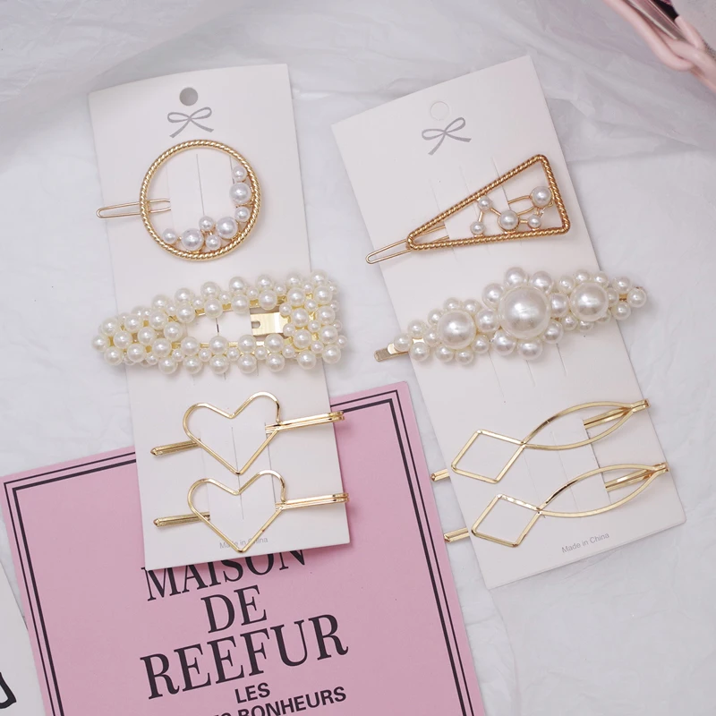 4Pcs/set New Women Pearls Hairpins Headwear Set Girls Cute Star Bow Flower Metal Hair Clips Geometric Accessories Female |