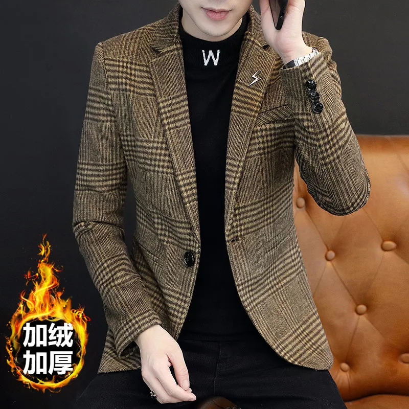 HOO 2021 Men's Autumn and Winter Casual Plaid Suit Fleece-Lined Slim Woolen blazer | Мужская одежда
