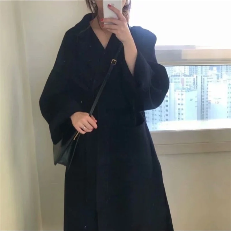

Korean design bandage Lapel long ginger coat loose price
