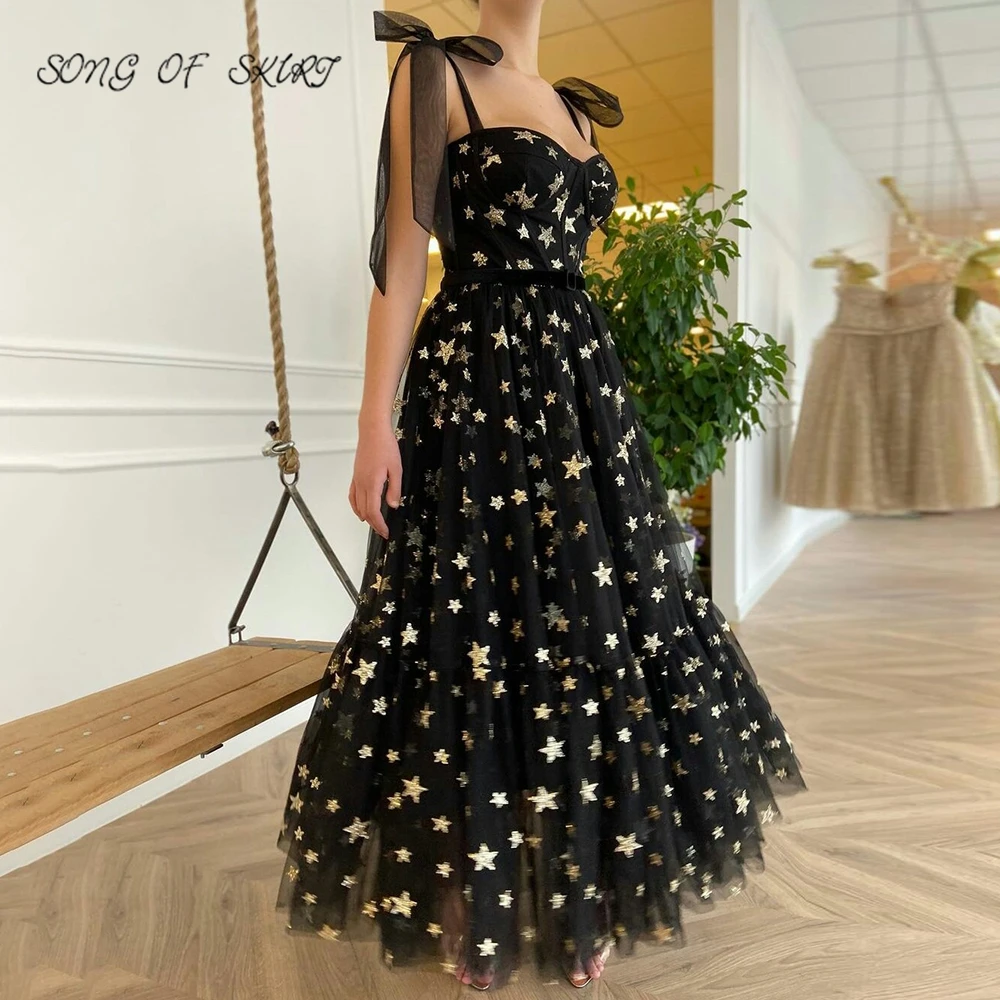 

Simplicity Black Tea-Length Women Prom Dresses Gold-sprayed Tulle Sling Evening Party Gown Vestidos Elegantes Para Mujer