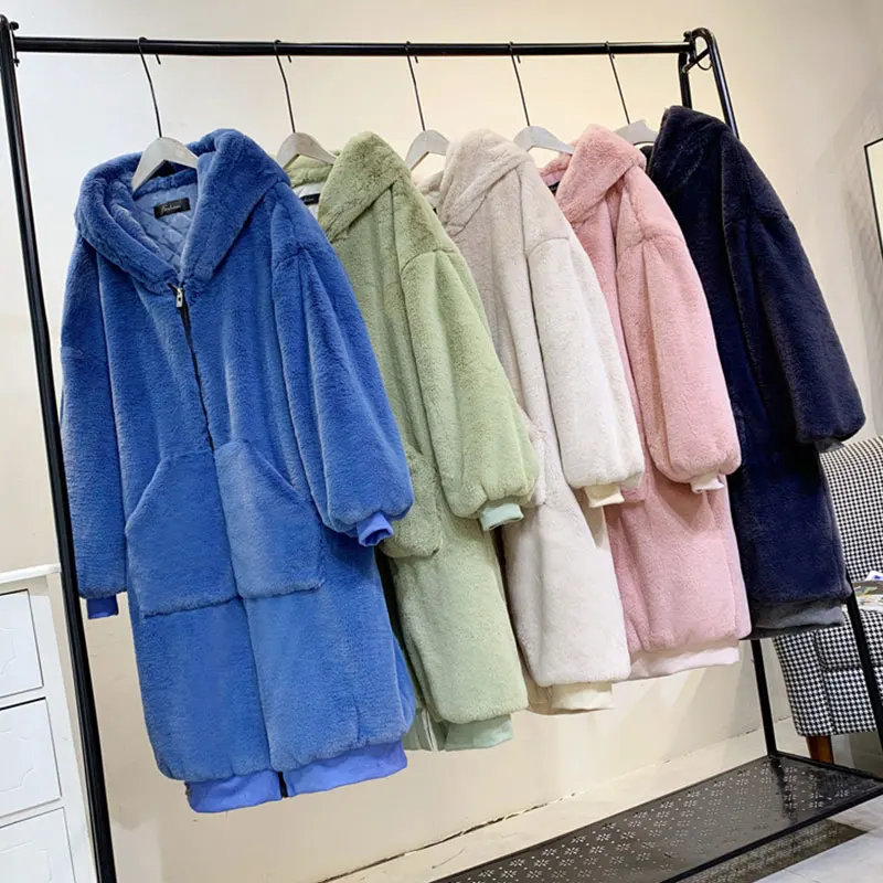 30 Degrees Fur Coat Women Casual Hoodies Furry Thick Warm Long Faux Rabbit Fur Jacket Loose Winter Coat Women OverCoat