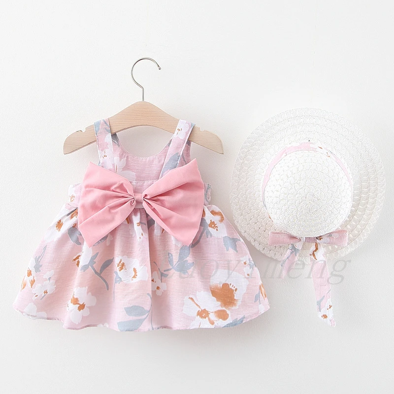 Baby Girls Dress Summer New Bow Dress With Hat 2 Piece Kids Clothes Set Bohemia Infant Sundress Toddler Newborn Beach Vestidos