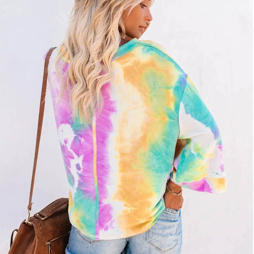 

2020 Autumn Long Sleeve Tie Dye Print Shirt Elegant Retro Colorful Loose T Shirts Female Blouse Oversized Tops Streetwear