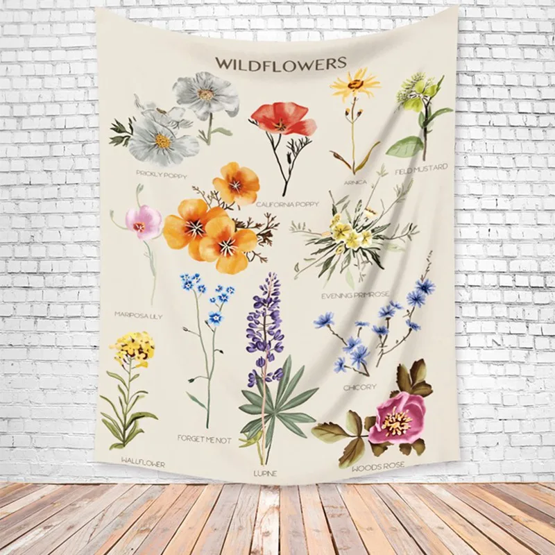 

Botanical Wildflower Tapestry Wall Hanging Flower Reference Chart Hippie Bohemian Tapestries Colorful Psychedelic INS Home Decor