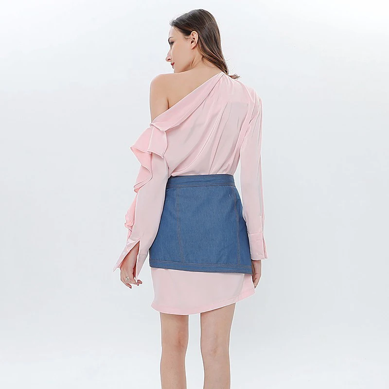 

GALCAUR Embroidery Skirt Two Piece Set For Women Off Shoulder Ruffles Denim Mini Dress With High Waist Pink Skirts 2021 Clothes