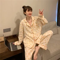 pure cotton pajamas womens autumn clothing new korean style small kumquat skin friendly bubble cotton home wear two piece