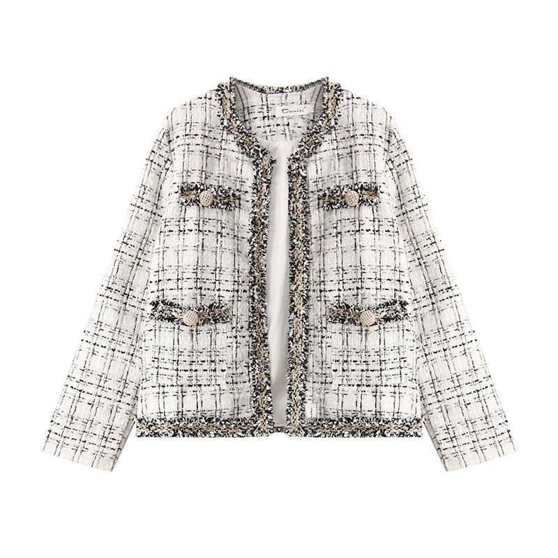 

CBAFU Plaid Tweed Jackets Women V-Neck Long Sleeve Vintage Woolen Coats Autumn Winter Elegant Tassel Outwear Cardigan Thick F816