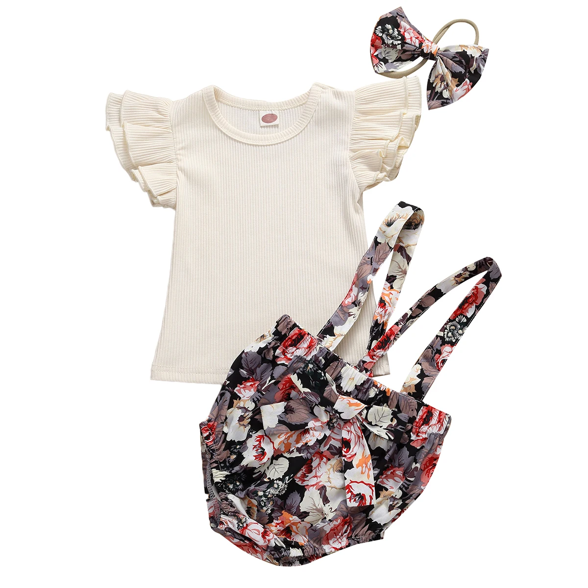 

6M-3Y Toddler Newborn Infant Baby Girls Clothes Set Knitted Ruffles T shirt Top Floral Shorts Overalls Outfits Summer