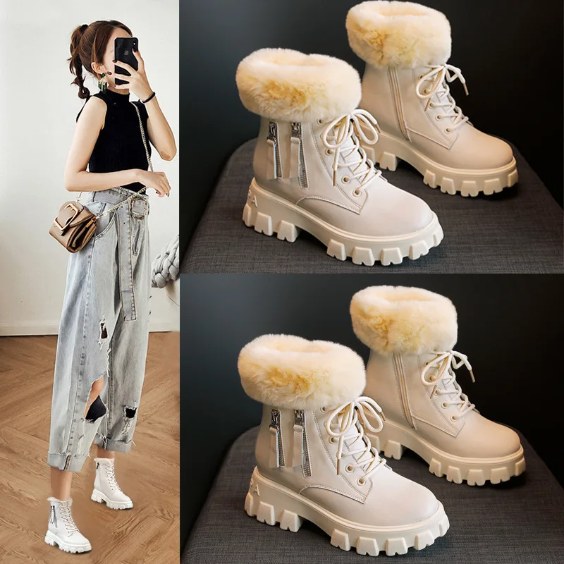 

Thick-soled Martin snow boots women's 2020 new winter women's boots all-match plus velvet cotton shoes rabbit fur inner high boo