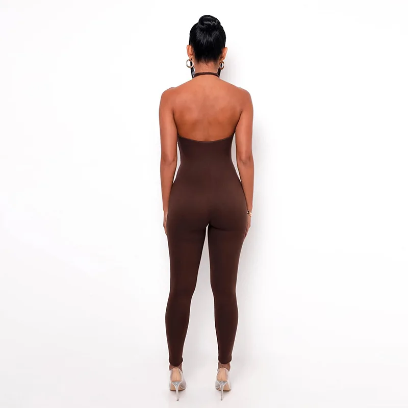 

2021 Summer Women's New Sexy Halter Backless Halter Pure Color High Waist Skinny Slim Light Casual Sports Jumpsuit