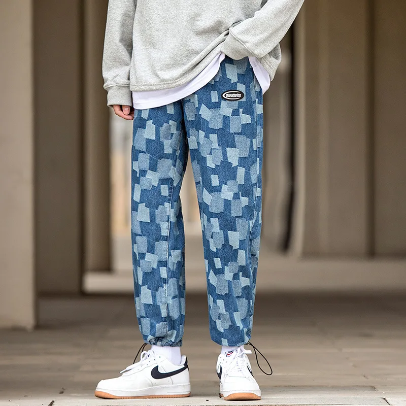 Summer New Jacquard Patch Blue Jeans Men's Trendy Brand Large Size Loose Straight-Leg Pants Drawstring Wide-Leg Denim Trousers