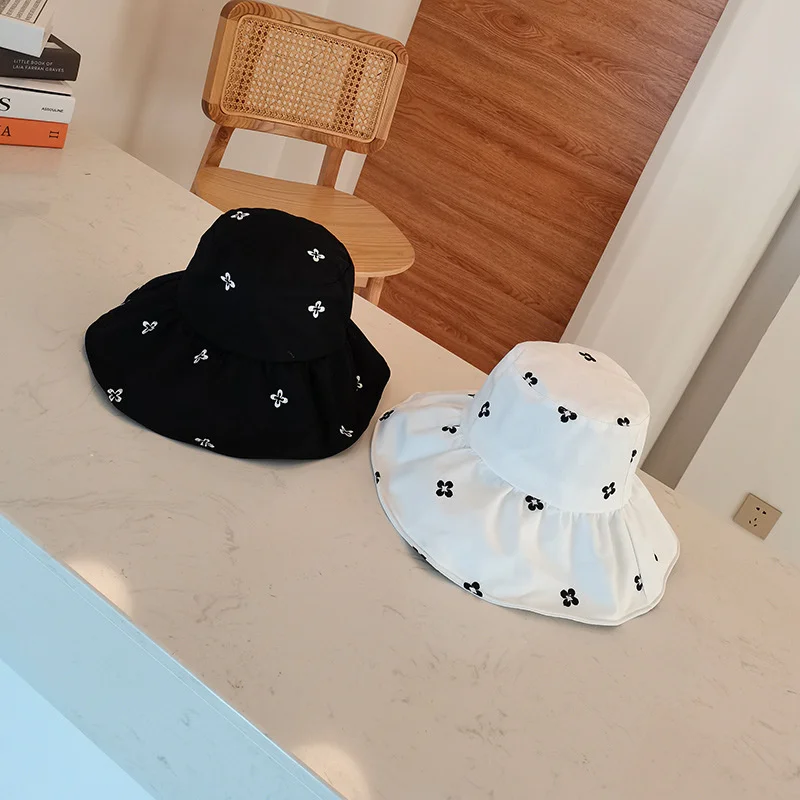 

Japanese Simple Embroidery Folds Panama Fisherman Hat Spring Summer Fashion Wild Small Fresh Shade Basin Hat Women's Bucket Hat