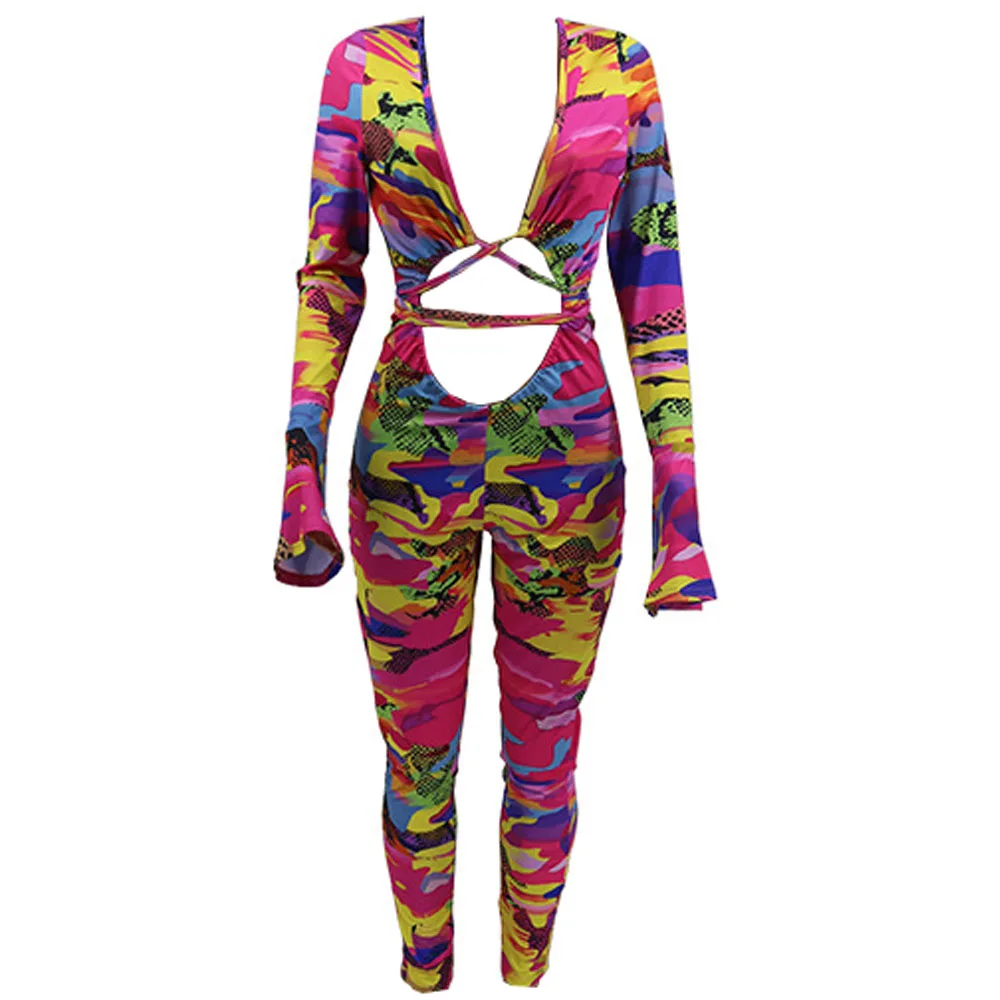 

Bonnie Forest Casual Hollow Out Lace-Up Jumpsuit Womens Long Sleeve Skinny Catsuit Fit Bandage Multi Print Rompers Club Overalls