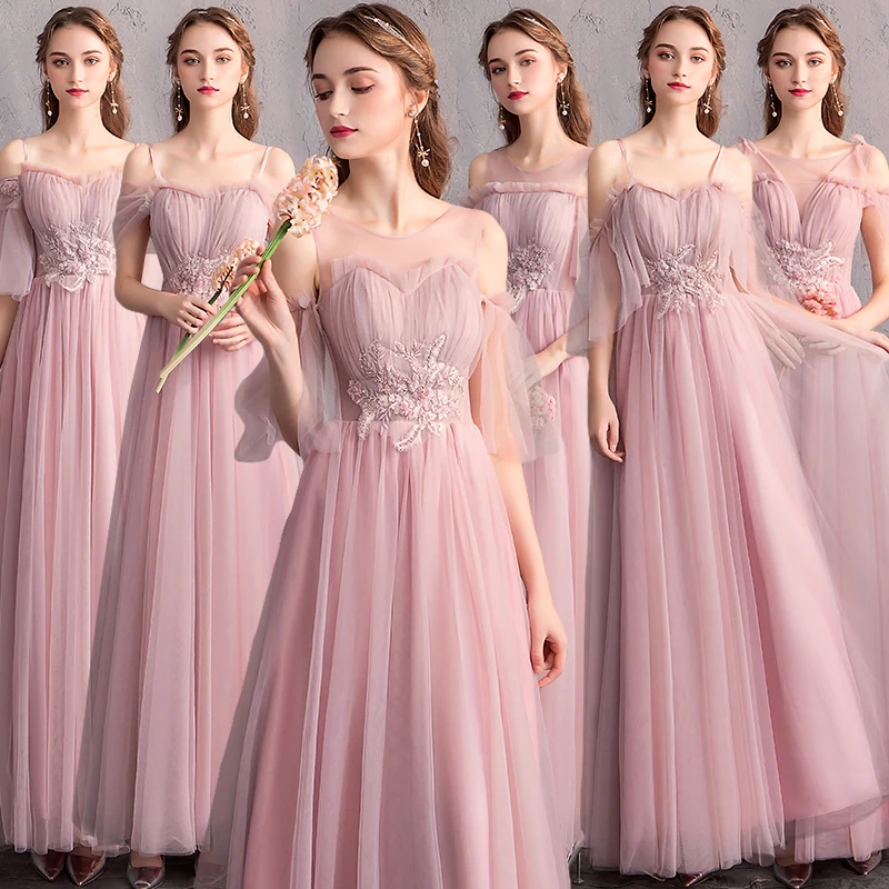 

Bridesmaids Dresses Illusion O-Neck Embroidery Lace Tulle Off The Shoulder Beading Sequined Pleat Women Wedding Party Gown E078