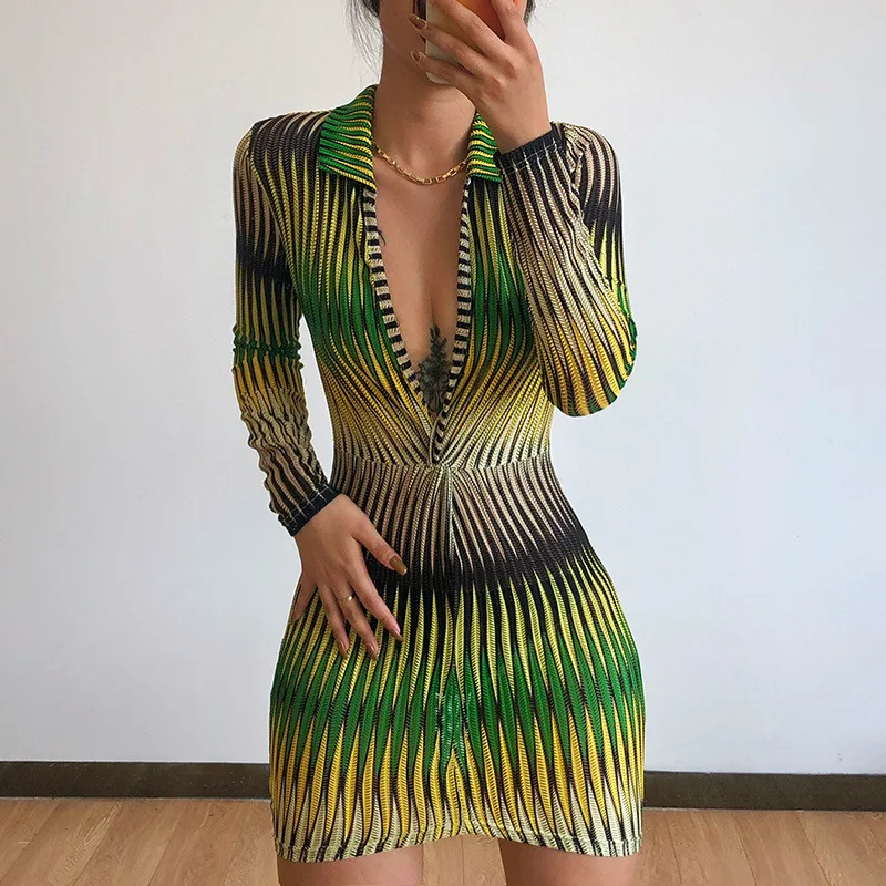 

2021 Autumn New Twisted Deep V-neck Short Wrap Dress Women’s Lapel Long Sleeve Mini Bodycon Dress Irregular Stripe Wear