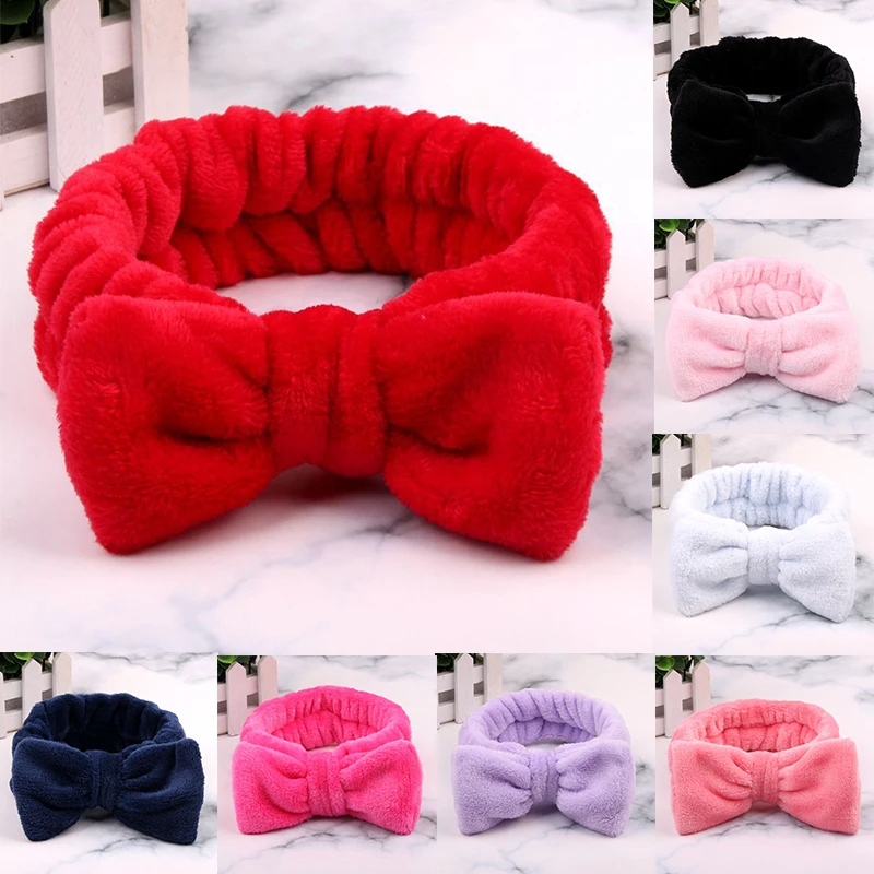 

Coral Fleece Bow Hair Bands Solid Color Wash Face Makeup Soft Elastic Headband Turban Head Wraps Hairband Hair Accessories