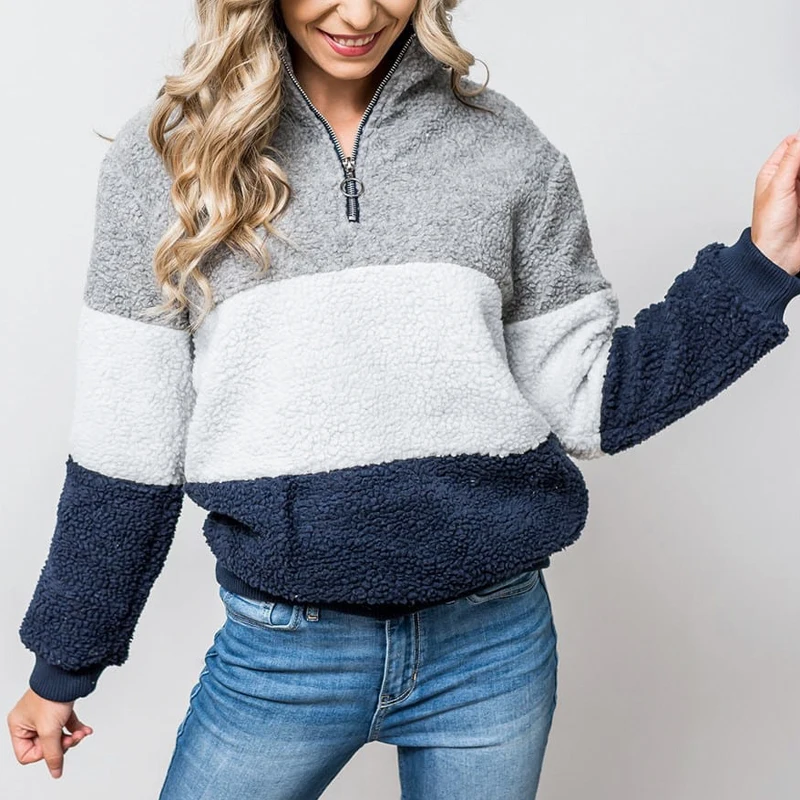 ELSVIOS 2XL Women Zipper Turtleneck Warm Sweatshirt Patchwork Hoodie Autumn Winter Long Sleeve Tops Jumper Femme Fleece Pullover | Женская