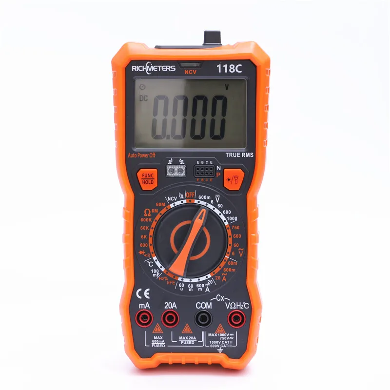 Цифровой мультиметр рихметров 118C 20A 6000 отсчетов NCV HFE True-RMS 100mF емкость магнит AC/DC Напряжение Ток температура