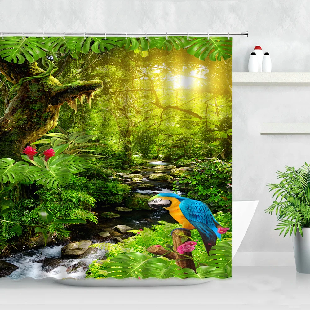 

Тропические занавески для душа в джунглях, водонепроницаемые комнатные занавески для ванной комнаты с изображением солнечного света, попу...