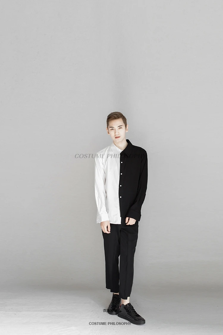 

2020Original customized large size loose square collar catwalk bar nightclub black and white stitching men's shirt.