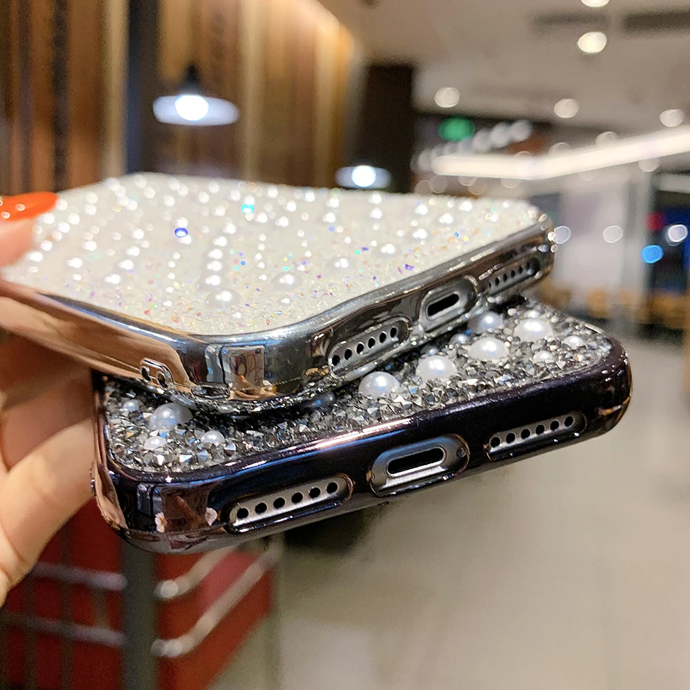 Pearl Rhinestone Bling Glitter Case for IPhone 12 Mini 11 Pro XR XS Max X 8 7 Plus Shockproof Phone Cover Coque Funda | Мобильные